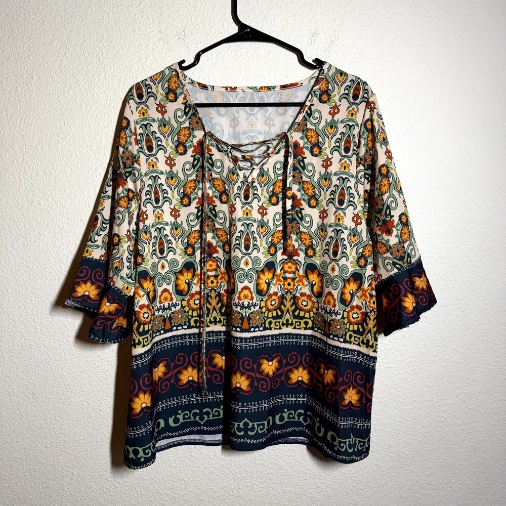 Womens Bohemian Lace Up Tunic Top Multicolor Damask Paisley Print‎ Bell Sleeve